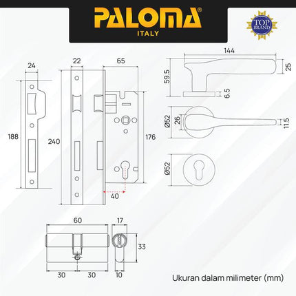 PALOMA Gagang Pintu Door Handle Pintu Roses Lever Engkol Pisah Misah Paket Kunci Pintu Lockset Lock Set Complete Komplit Superalum Lite Chrome Silver Black Grey Gold Hitam Abu Emas HRP LRP 8211