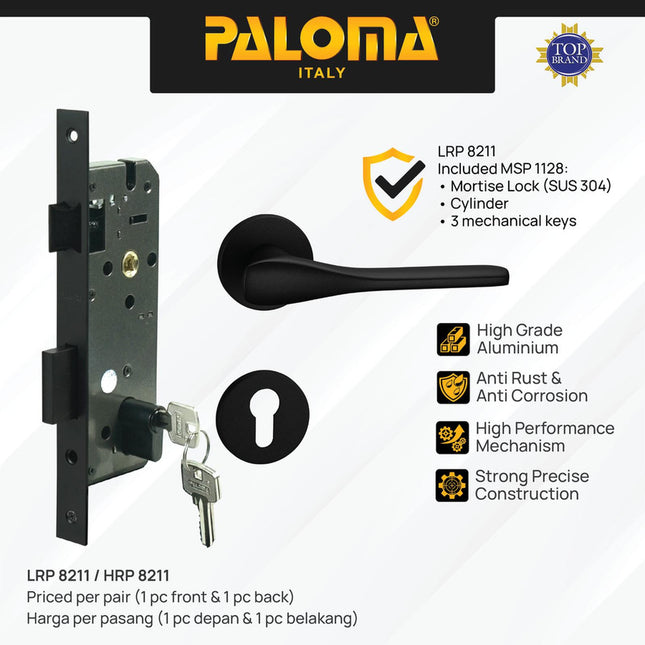 PALOMA Gagang Pintu Door Handle Pintu Roses Lever Engkol Pisah Misah Paket Kunci Pintu Lockset Lock Set Complete Komplit Superalum Lite Chrome Silver Black Grey Gold Hitam Abu Emas HRP LRP 8211