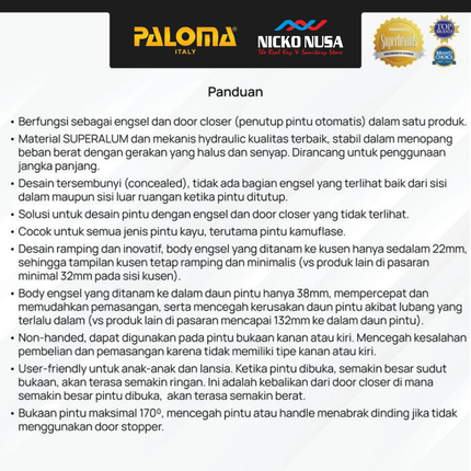 PALOMA IHP 9302 Engsel Tanam Hidrolik Concealed Hinge Hydraulic Invisible Engsel Pintu 3D Adjustable Superalum