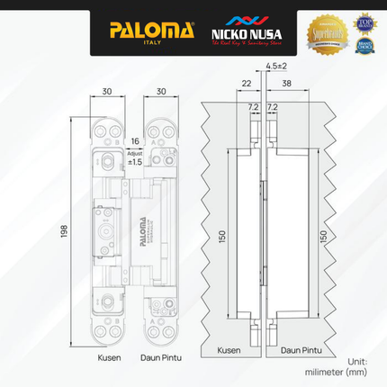 PALOMA IHP 9302 Engsel Tanam Hidrolik Concealed Hinge Hydraulic Invisible Engsel Pintu 3D Adjustable Superalum