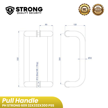 Pull Handle STRONG PH 2609 32×332×300MM PSS+SSS Stainless Steel Gagang Tarikan Pintu Rumah & Kantor Pegangan Pintu Kaca & Kayu Desain Modern Elegan Kuat, Anti Karat & Tahan Lama