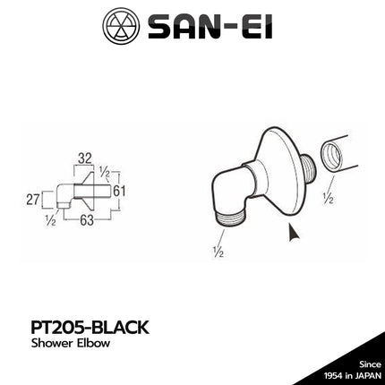 Shower Elbow SANEI PT205 Black Sambungan Shower Wall Outlet PT 205 Hitam