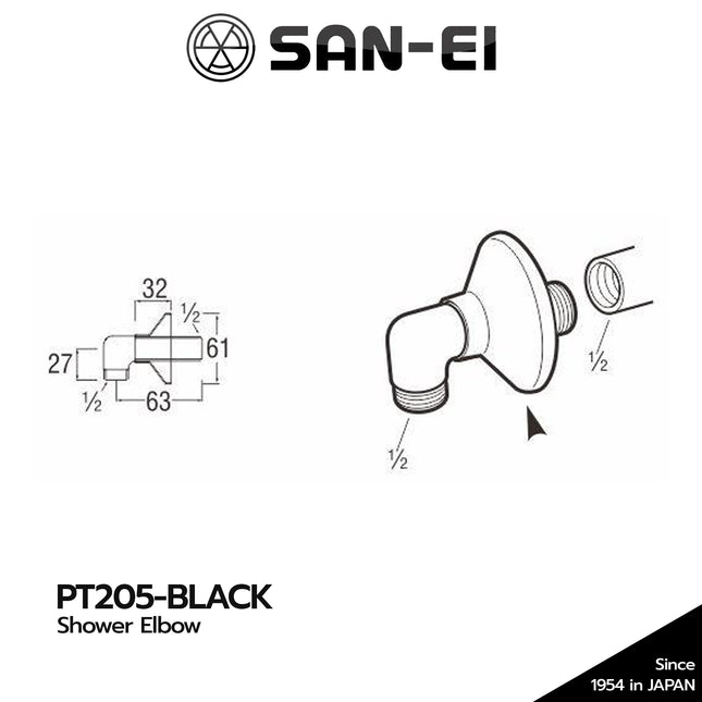 Shower Elbow SANEI PT205 Black Sambungan Shower Wall Outlet PT 205 Hitam