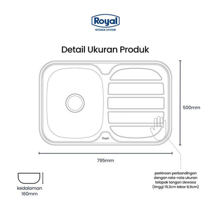 Kitchen Sink Royal SB 88 Wastafel Dapur | Bak Cuci Piring 80 x 50 Cm