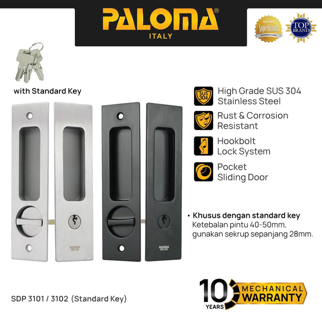 Handle Tanam Pintu Sliding Comen Geser Set Persegi PALOMA SDP 3101 3102 Kunci Stainless SUS 304 With Standard Key Stainless Black Grey Gagang