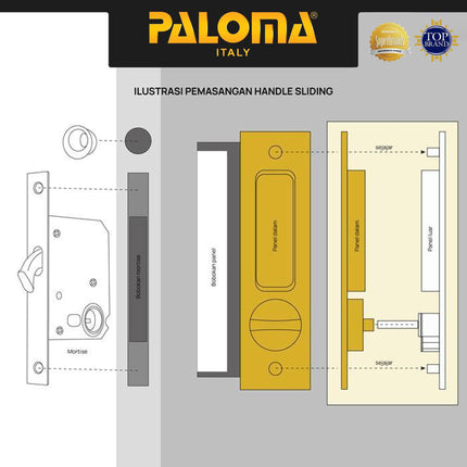 Handle Tanam Pintu Sliding Comen Geser Set Persegi PALOMA SDP 3101 3102 Kunci Stainless SUS 304 With Standard Key Stainless Black Grey Gagang
