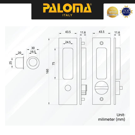 Handle Tanam Pintu Sliding Comen Geser Set Persegi PALOMA SDP 3101 3102 Kunci Stainless SUS 304 With Standard Key Stainless Black Grey Gagang