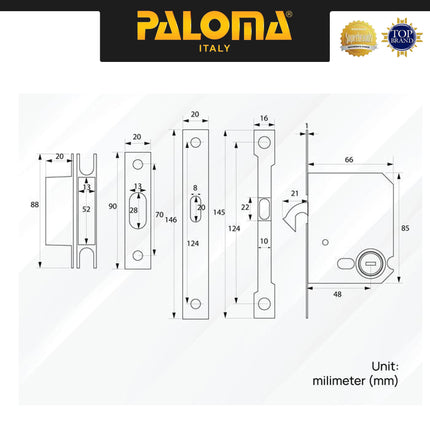Handle Tanam Pintu Sliding Comen Geser Set Persegi PALOMA SDP 3101 3102 Kunci Stainless SUS 304 With Standard Key Stainless Black Grey Gagang