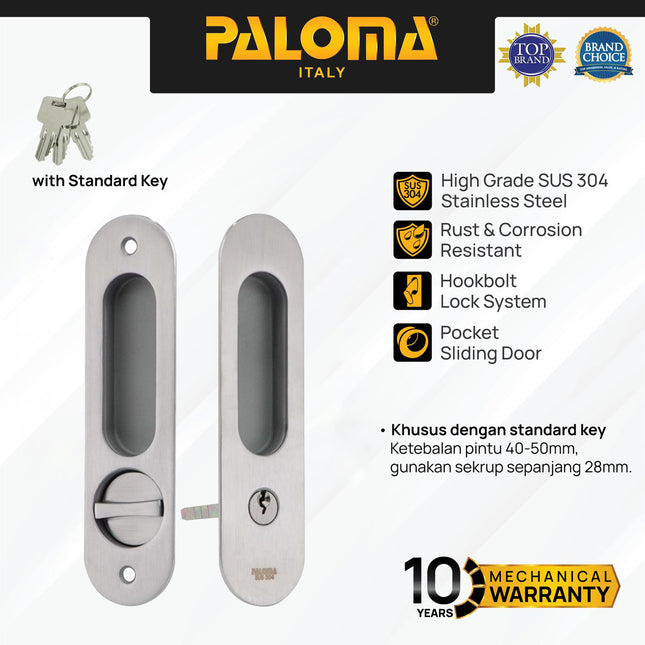 Handle Tanam Set PALOMA SDP 3111 Comen Pocket Door Toilet Kunci Pintu Kamar Mandi Sliding Geser Oval Lonjong Lockset Lock Set With Key Stainless Steel SUS304 Chrome