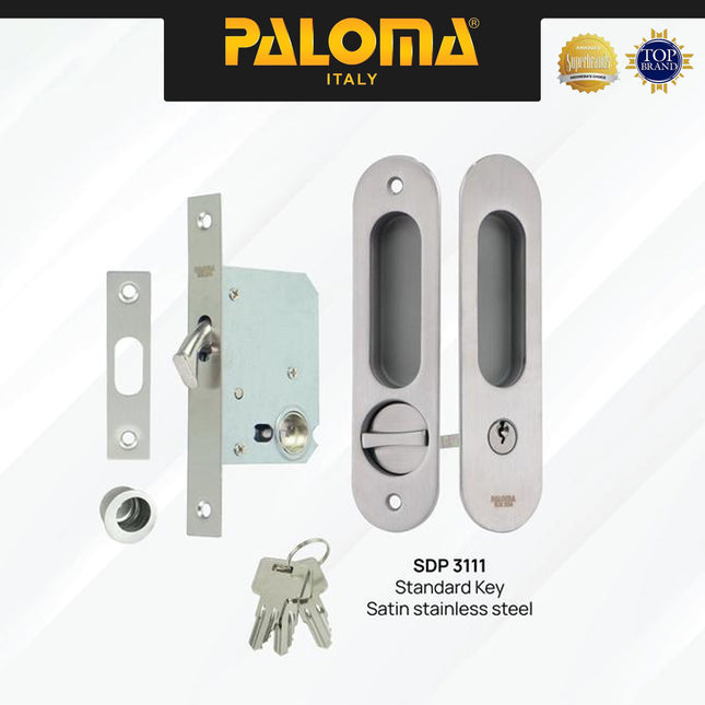 Handle Tanam Set PALOMA SDP 3111 Comen Pocket Door Toilet Kunci Pintu Kamar Mandi Sliding Geser Oval Lonjong Lockset Lock Set With Key Stainless Steel SUS304 Chrome