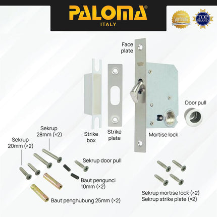 Handle Tanam Set PALOMA SDP 3111 Comen Pocket Door Toilet Kunci Pintu Kamar Mandi Sliding Geser Oval Lonjong Lockset Lock Set With Key Stainless Steel SUS304 Chrome