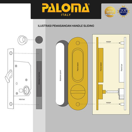 Handle Tanam Set PALOMA SDP 3111 Comen Pocket Door Toilet Kunci Pintu Kamar Mandi Sliding Geser Oval Lonjong Lockset Lock Set With Key Stainless Steel SUS304 Chrome