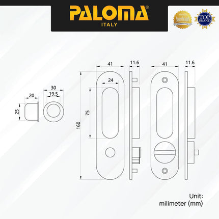 Handle Tanam Set PALOMA SDP 3111 Comen Pocket Door Toilet Kunci Pintu Kamar Mandi Sliding Geser Oval Lonjong Lockset Lock Set With Key Stainless Steel SUS304 Chrome