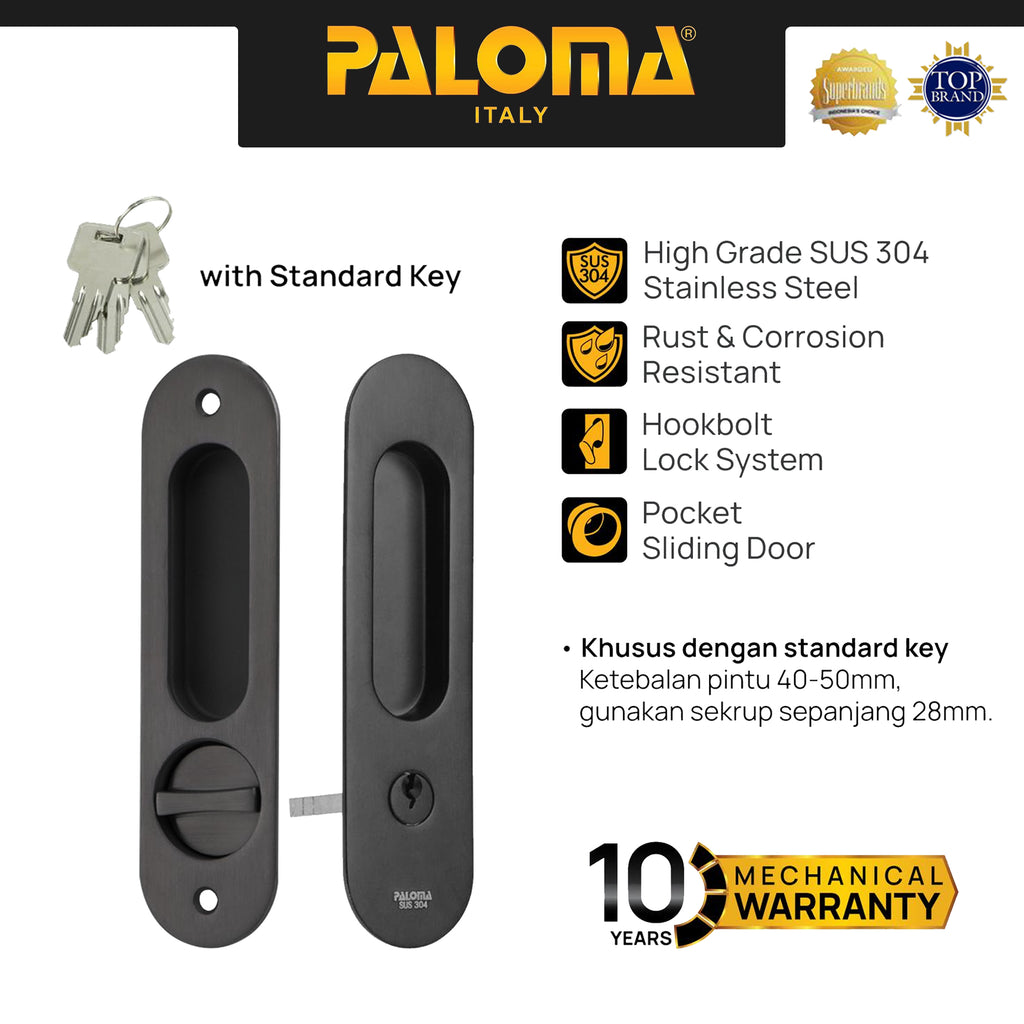 Handle Tanam Set PALOMA SDP 3112 Comen Pocket Door Toilet Kunci Pintu Kamar Mandi Sliding Geser Oval Lonjong Lockset Lock Set With Key Stainless Steel SUS304 Matte Black