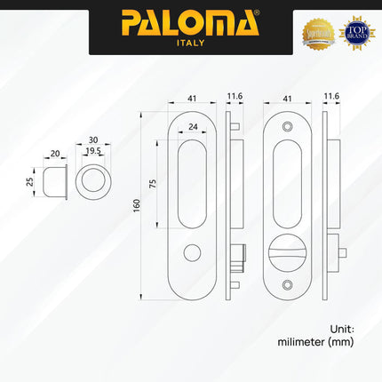 Handle Tanam Set PALOMA SDP 3112 Comen Pocket Door Toilet Kunci Pintu Kamar Mandi Sliding Geser Oval Lonjong Lockset Lock Set With Key Stainless Steel SUS304 Matte Black