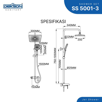 Shower Set Tiang Dekkson Keran Shower Mixer Air Panas Dingin SS 5001-3