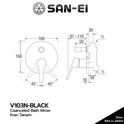 Kran Tanam SANEI V103N Black Shower Panas Dingin Coancelld Bath Mixer