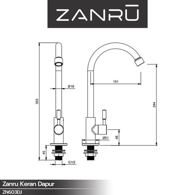 Kitchen Faucet ZANRU ZN603DJ Deck Mounted Keran Dapur Kran sink Keran Dingin