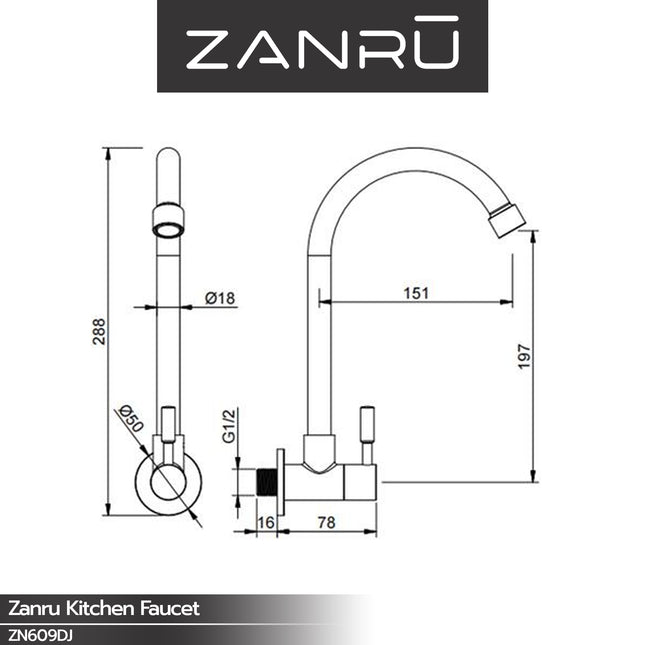 Wall Mounted Kitchen Faucet ZANRU ZN609DJ Keran Dapur Kran Tembok Kran Dingin