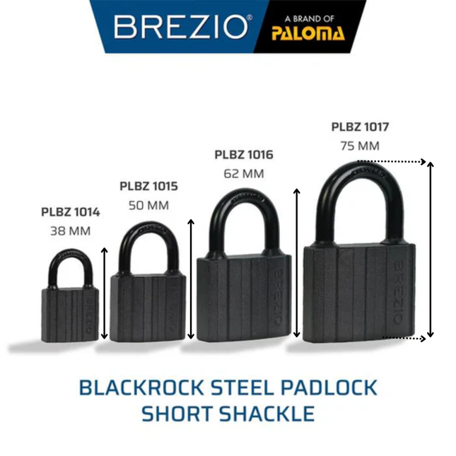 BREZIO Gembok Padlock Pagar Loker Kunci Pintu Leher Panjang Pendek Shackle Long Short Baja Hardened Steel Silinder Kuningan Brass Cylinder Hitam BlackRock Black Rock PLBZ 10
