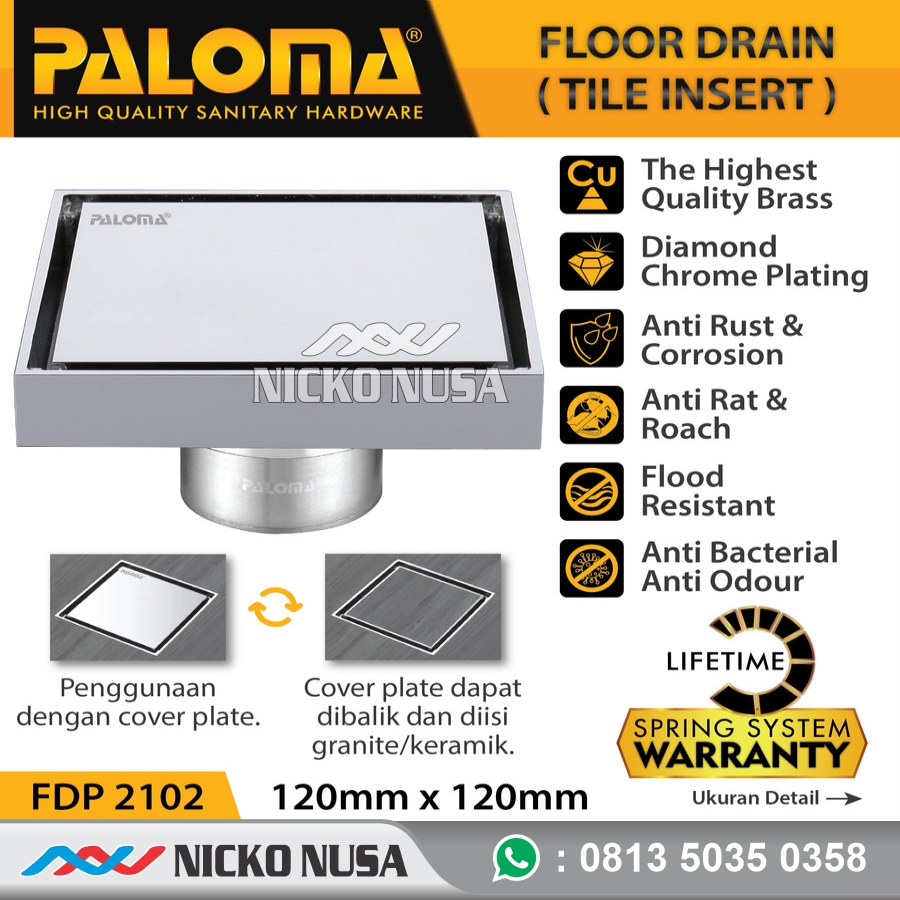 PALOMA FDP 2102 BRASS FLOOR DRAIN (TILE INSERT) 120MM x 120MM