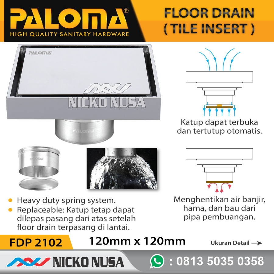 PALOMA FDP 2102 BRASS FLOOR DRAIN (TILE INSERT) 120MM x 120MM
