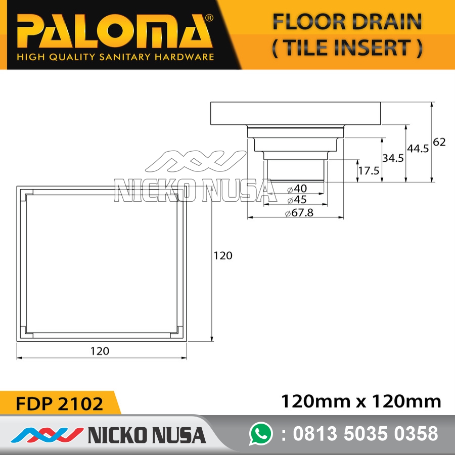 PALOMA FDP 2102 BRASS FLOOR DRAIN (TILE INSERT) 120MM x 120MM