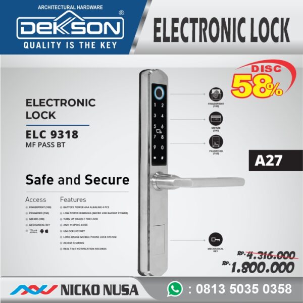 ELECTRONIC LOCK DEKKSON EL 9318 A27 MF PASS BT CHR+NA