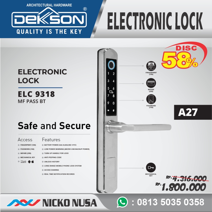 ELECTRONIC LOCK DEKKSON EL 9318 A27 MF PASS BT CHR+NA