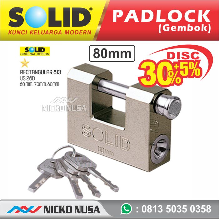 Gembok Solid / Padlock SOLID Rectanguler R 813 - 80MM US 26D Brass